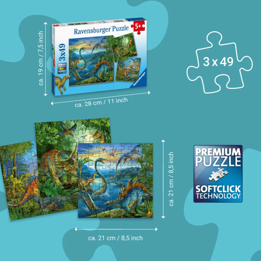 Pussel med 3 x 49 bitar – Dinosaurier