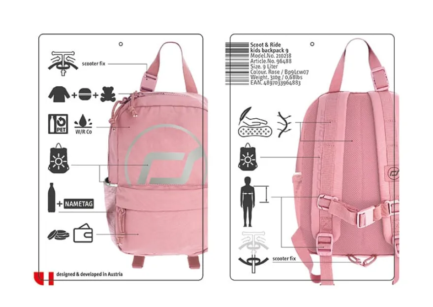 Ryggsäck med reflexer, 9 liter - Rose