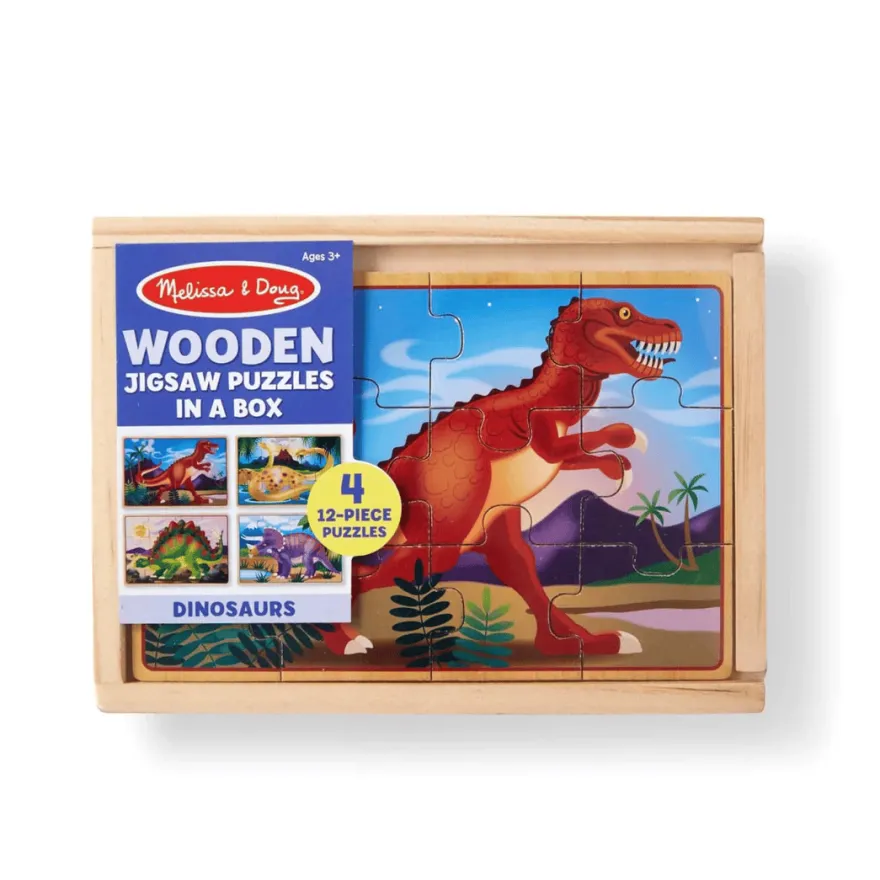 Träpussel med 4 x 12 bitar - Dinosaurier